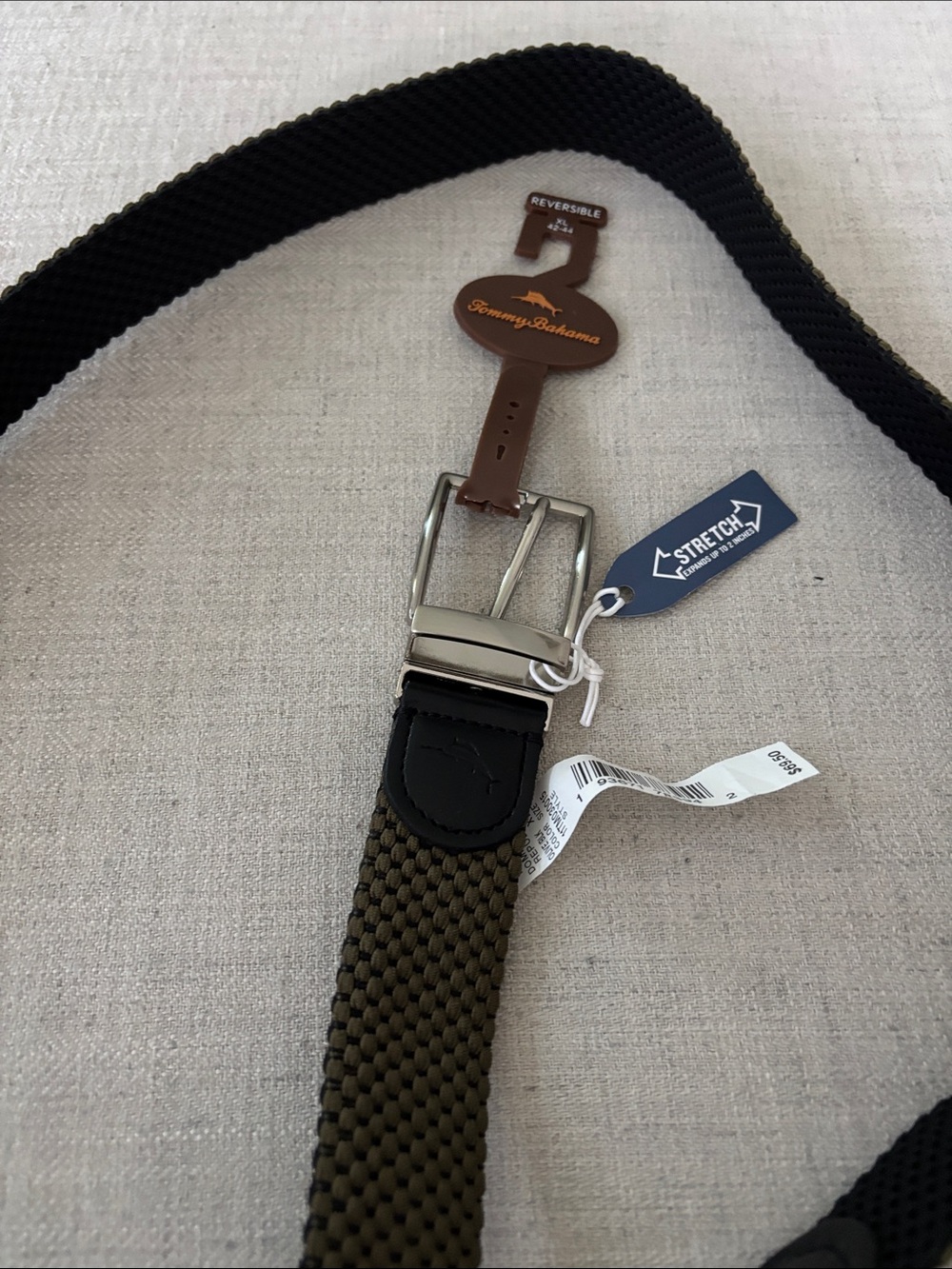 Tommy Bahama Olive Green Woven Stretch Belt Black Trim Size XL 42-44 Reversible